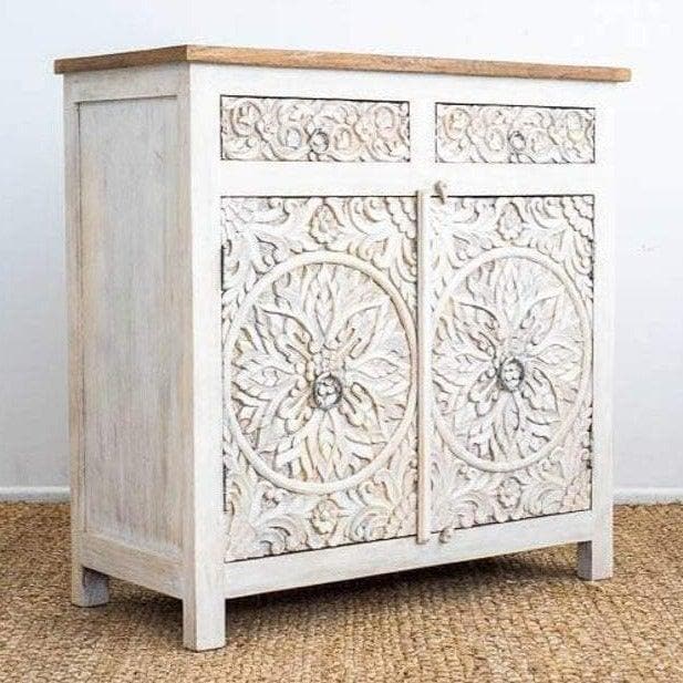 Distressed Floral Hand Carved Wooden Cabinet