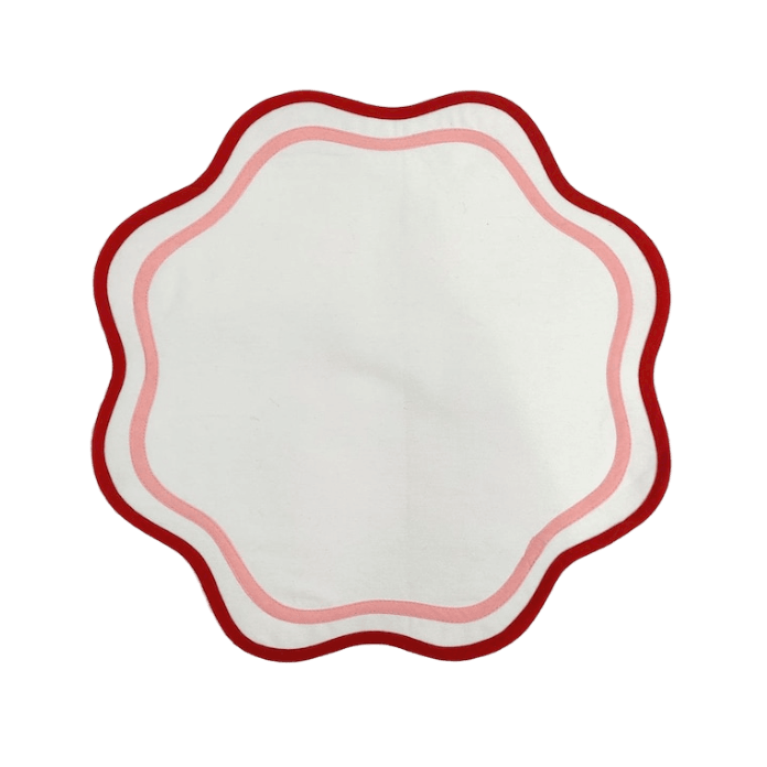 Double Scalloped Round Cotton Placemats Red, light pink