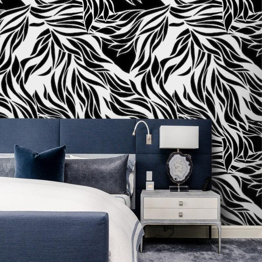 Dramatic Abstract Leaves Black and White Wallpaper - MAIA HOMES