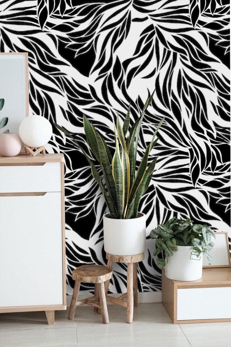 Dramatic Abstract Leaves Black and White Wallpaper