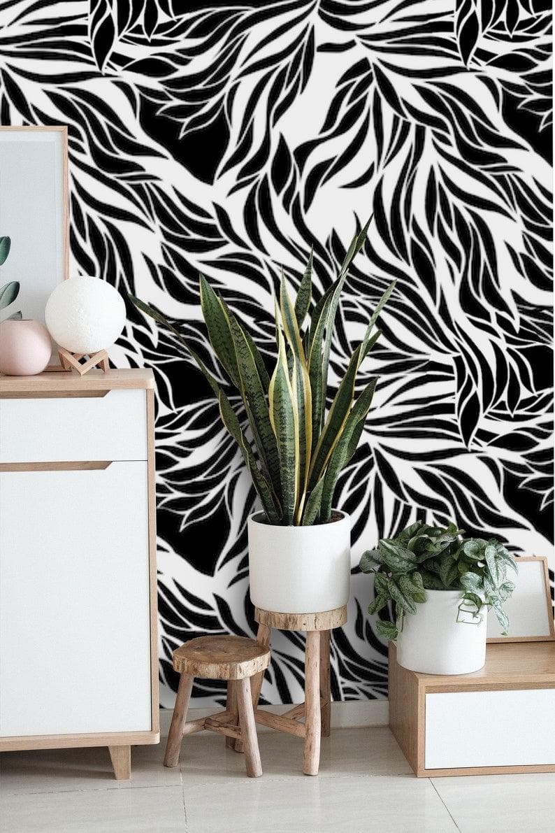Dramatic Abstract Leaves Black and White Wallpaper - MAIA HOMES