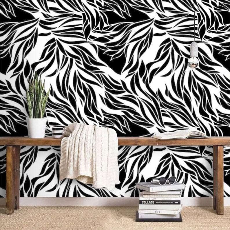 Dramatic Abstract Leaves Black and White Wallpaper