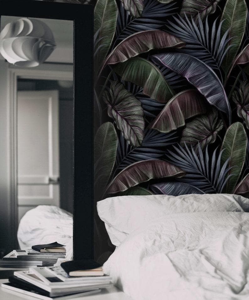 Dramatic Dark Tropical Palm and Banana Leaves Wallpaper