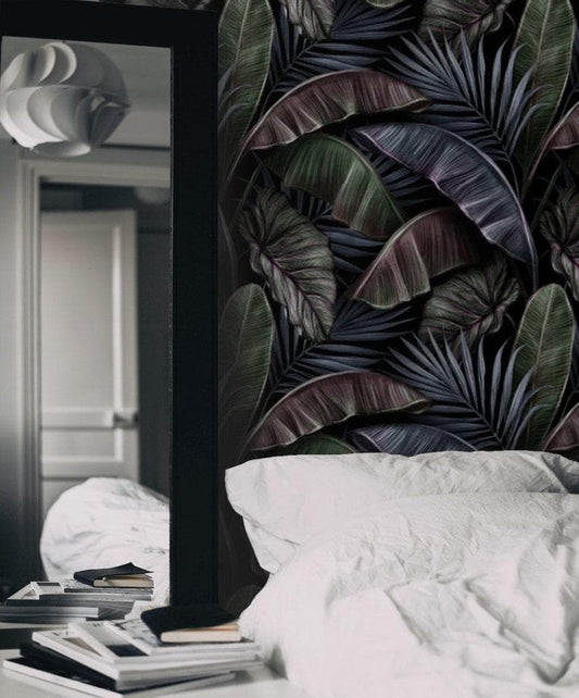 Dramatic Dark Tropical Palm and Banana Leaves Wallpaper - MAIA HOMES