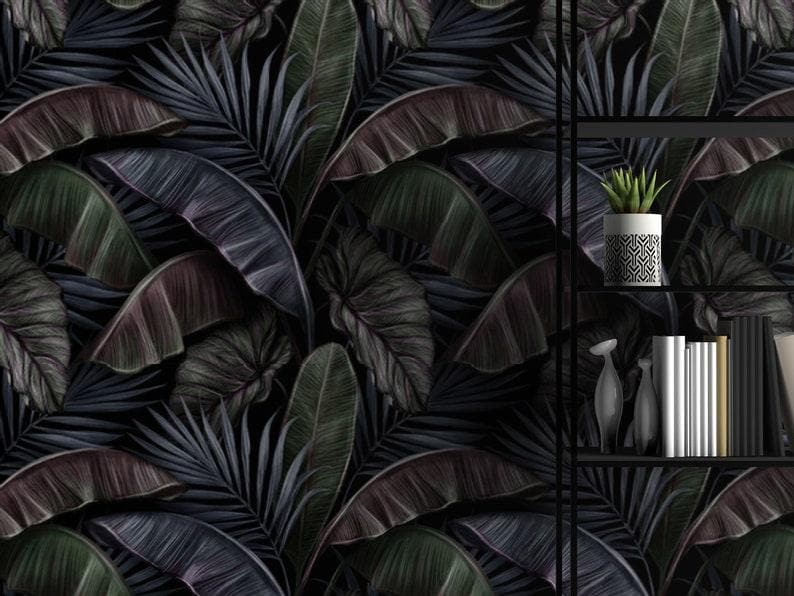 Dramatic Dark Tropical Palm and Banana Leaves Wallpaper