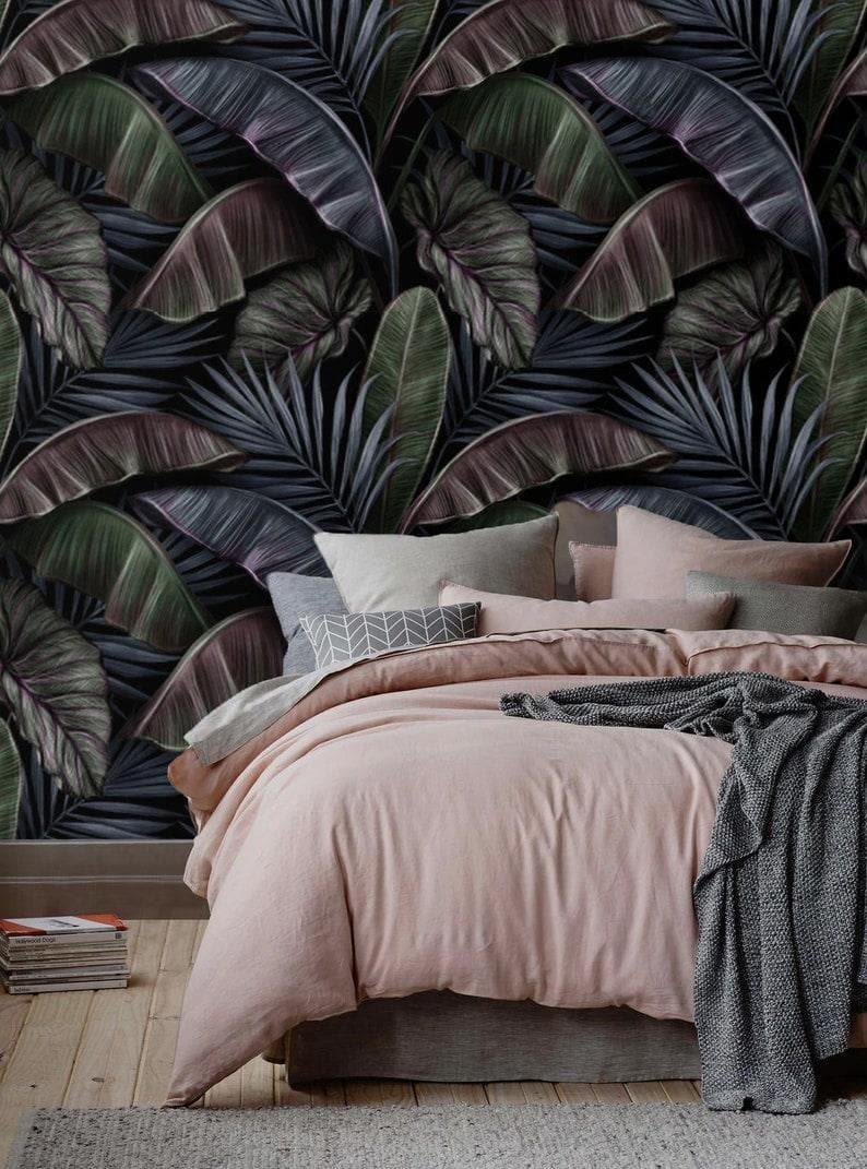 Dramatic Dark Tropical Palm and Banana Leaves Wallpaper