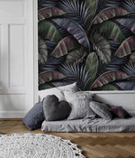 Dramatic Dark Tropical Palm and Banana Leaves Wallpaper