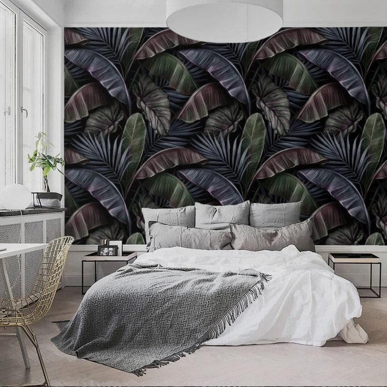 Dramatic Dark Tropical Palm and Banana Leaves Wallpaper - MAIA HOMES