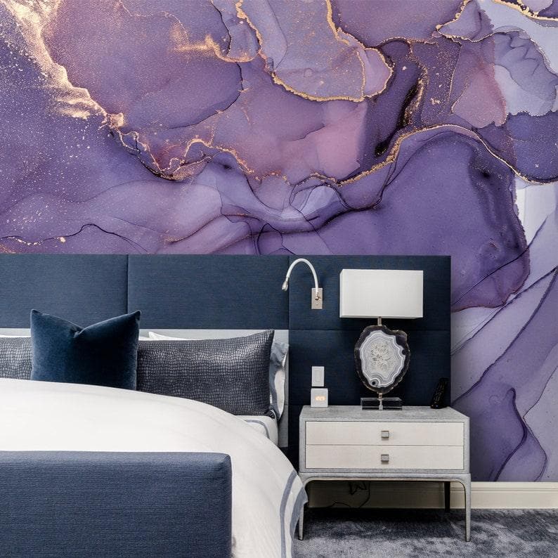 Dramatic Purple and Gold Abstract Marble Wallpaper Mural