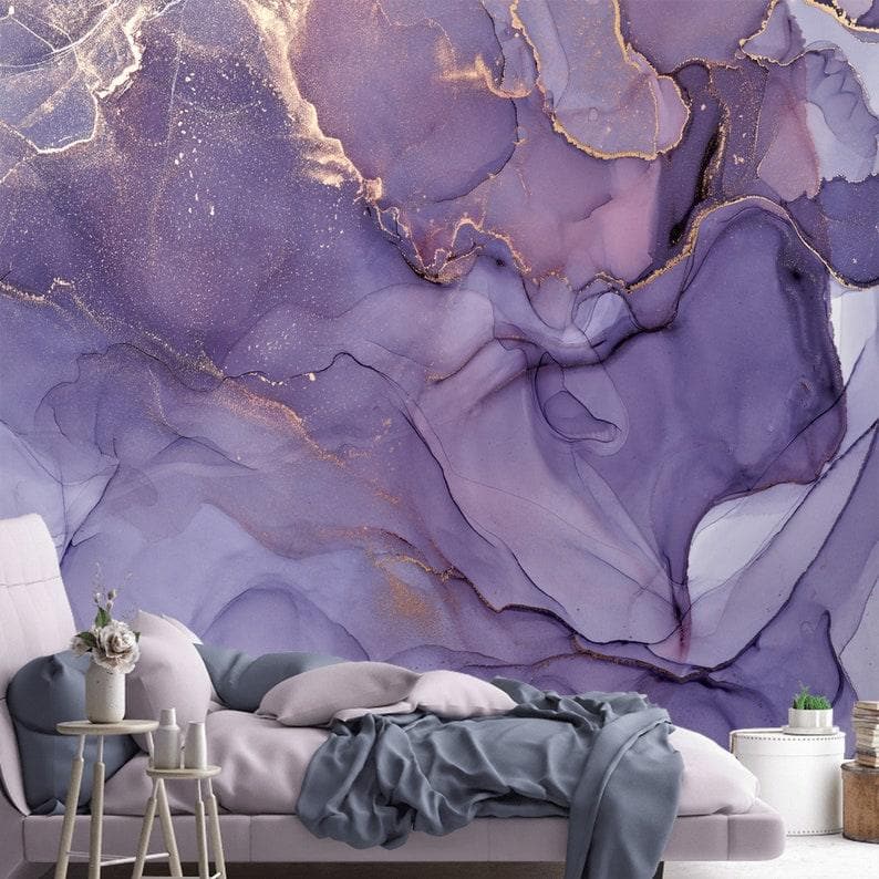 Dramatic Purple and Gold Abstract Marble Wallpaper Mural