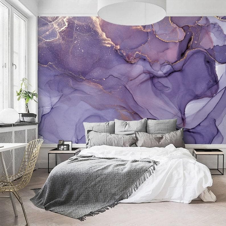 Dramatic Purple and Gold Abstract Marble Wallpaper Mural - MAIA HOMES
