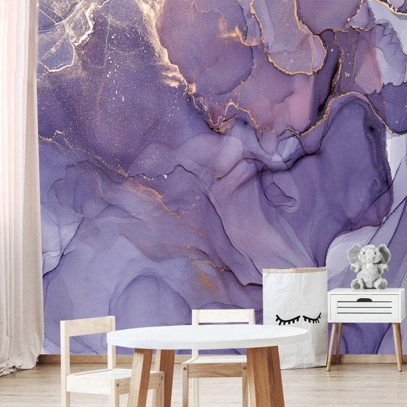 Dramatic Purple and Gold Abstract Marble Wallpaper Mural - MAIA HOMES