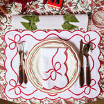 Elegant Emeral Green Embroidered Linen Placemats and Napkins Set Red 100% Linen