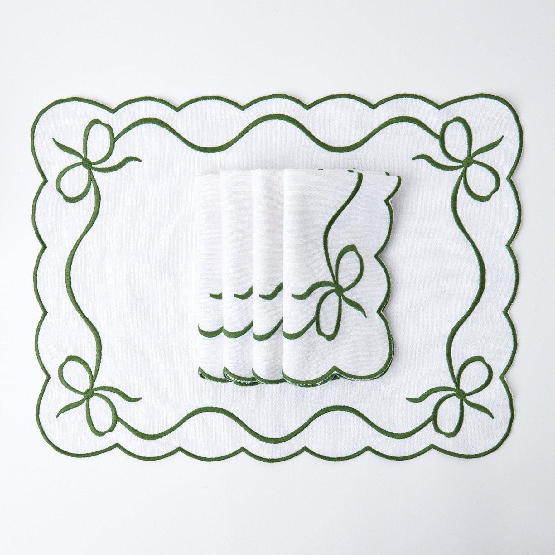 Elegant Emeral Green Embroidered Linen Placemats and Napkins Set