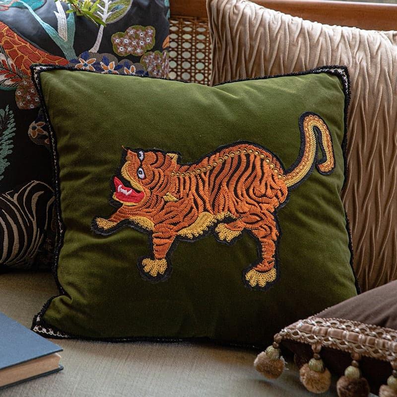 Embroidered Asian Tiger Green Velvet Throw Pillow Cover Default Title