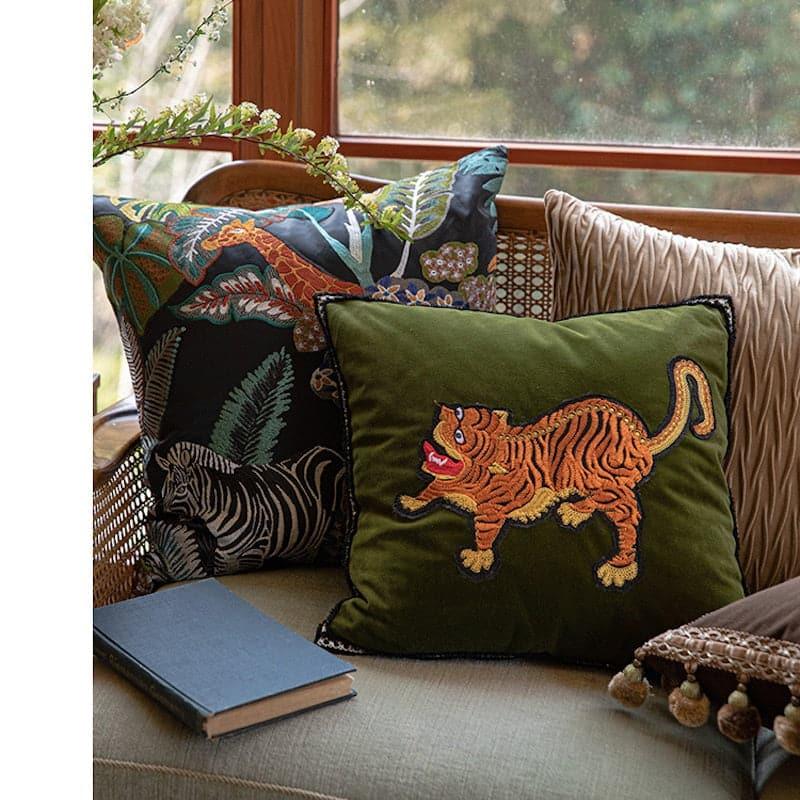 Embroidered Asian Tiger Green Velvet Throw Pillow Cover