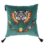 Embroidered Cat and Flowers Throw Pillow Cover with Tassels