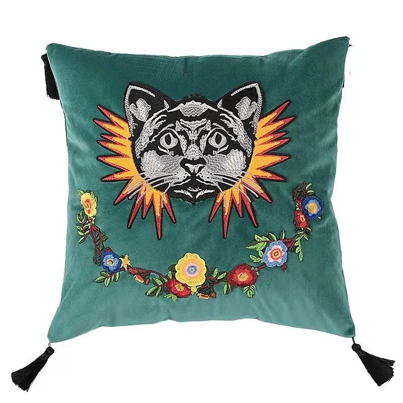 Embroidered Cat and Flowers Throw Pillow Cover with Tassels