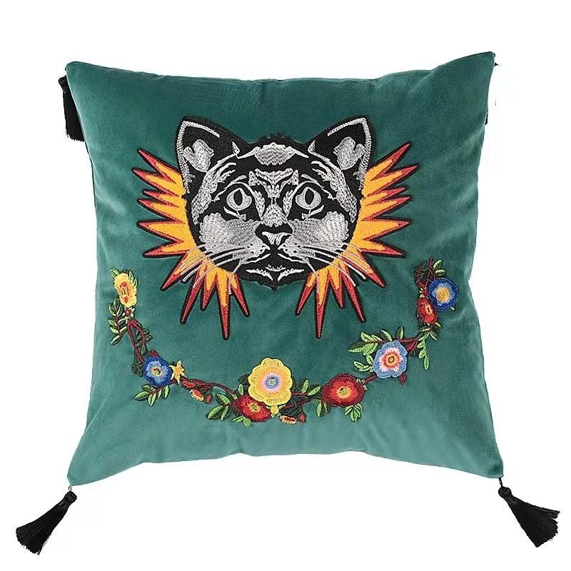 Embroidered Cat and Flowers Throw Pillow Cover with Tassels - MAIA HOMES