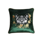 Embroidered Cat and Flowers Velvet Throw Pillow Cover - Green 18" x 18"