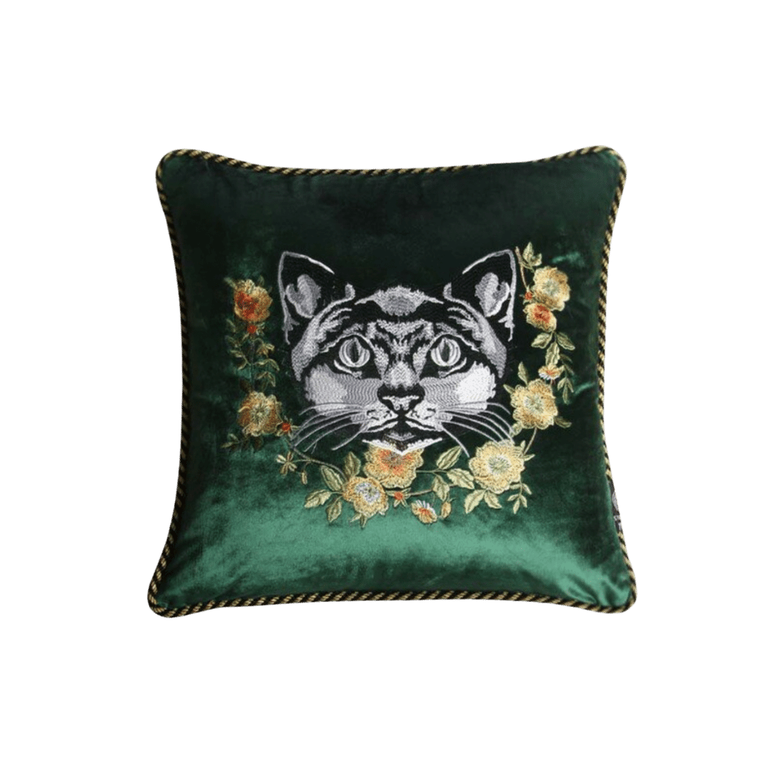 Embroidered Cat and Flowers Velvet Throw Pillow Cover - Green 18" x 18"