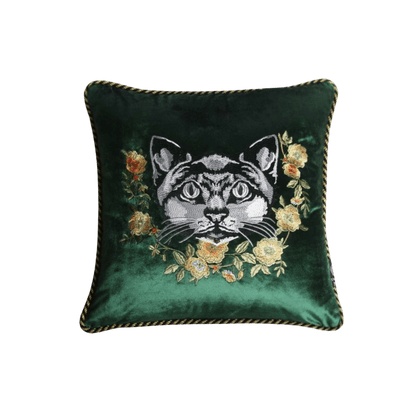 Embroidered Cat and Flowers Velvet Throw Pillow Cover - Green - MAIA HOMES