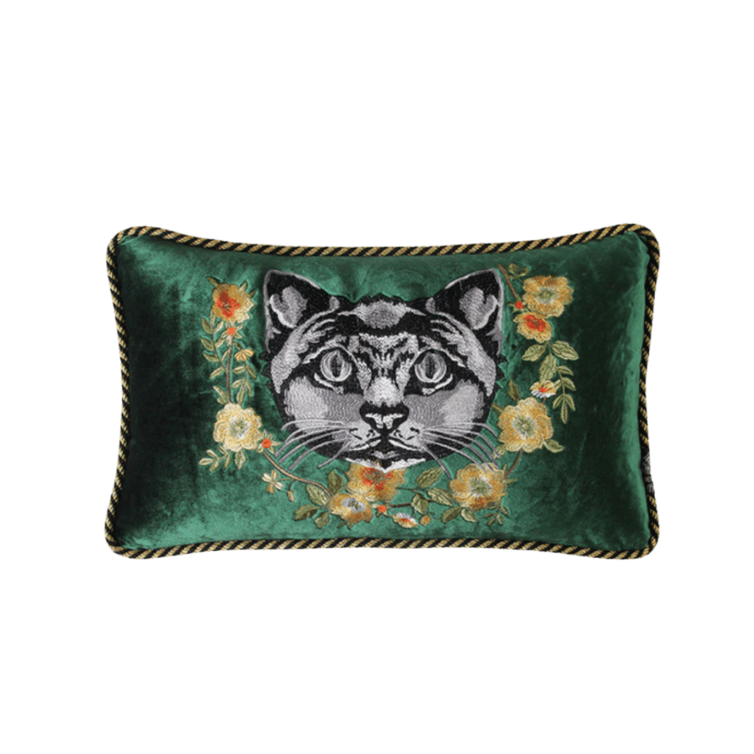 Embroidered Cat and Flowers Velvet Throw Pillow Cover - Green - MAIA HOMES