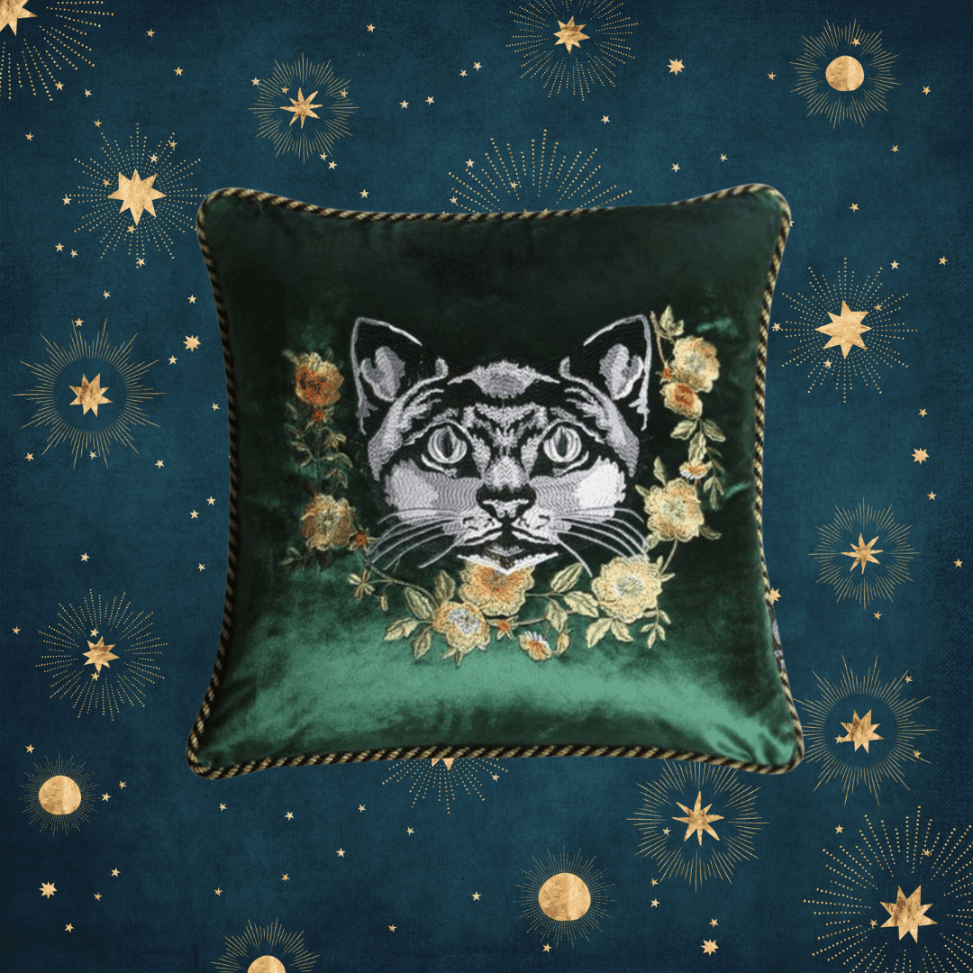 Embroidered Cat and Flowers Velvet Throw Pillow Cover - Green