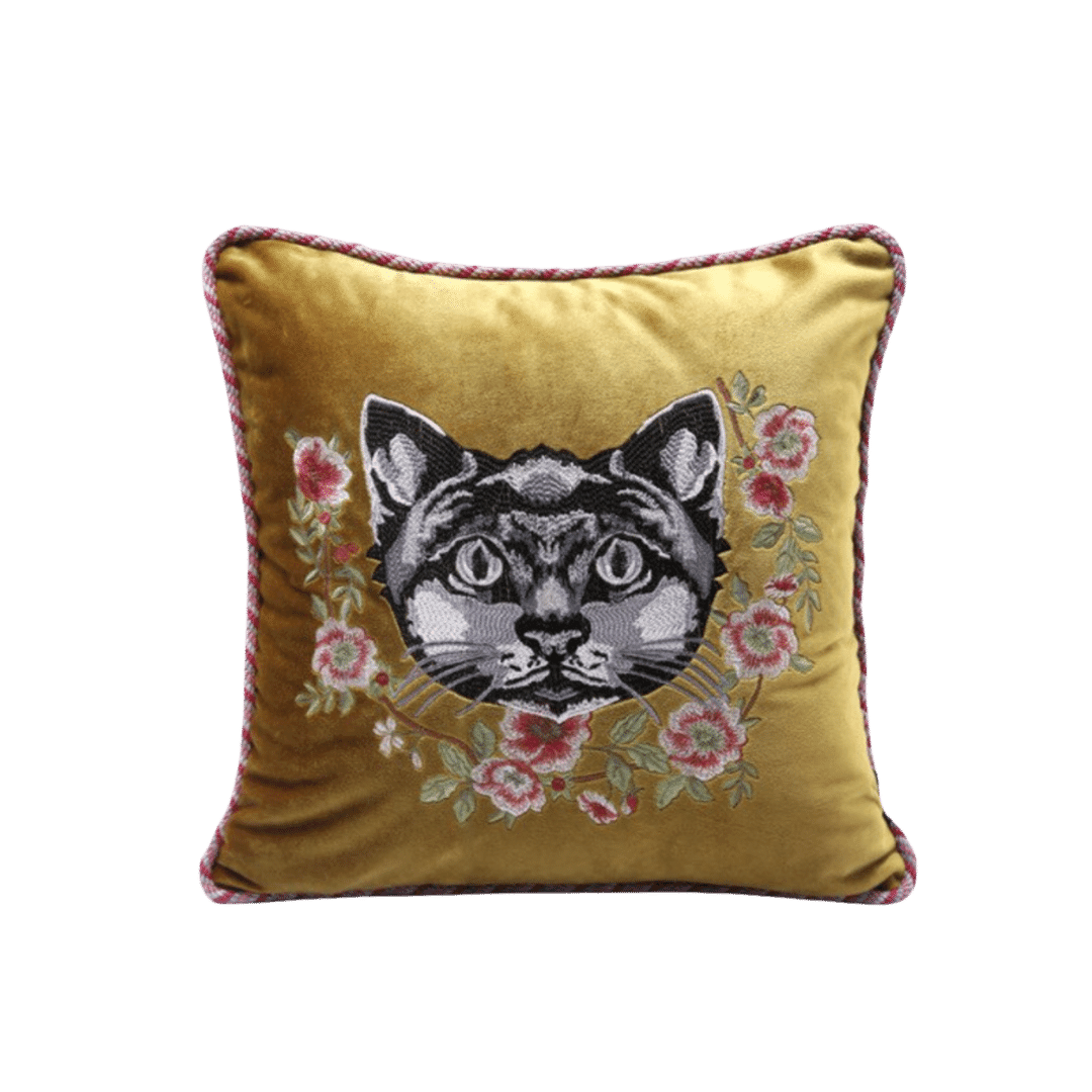 Embroidered Cat and Flowers Velvet Throw Pillow Cover - Yellow - MAIA HOMES
