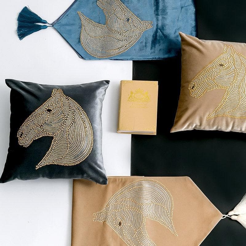 Embroidered Horse Velvet Throw Pillow Cover