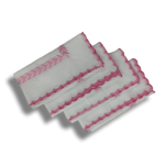 Embroidered Pink Fern White Cotton Scalloped Napkins