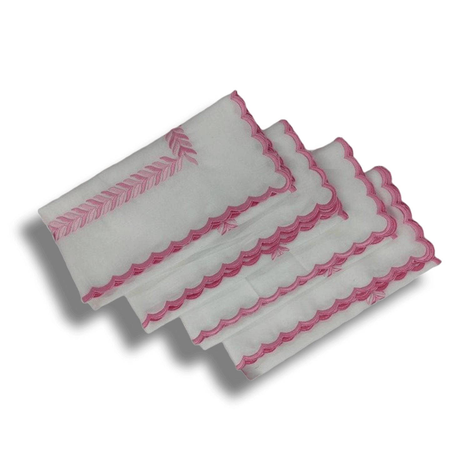 Embroidered Pink Fern White Cotton Scalloped Napkins