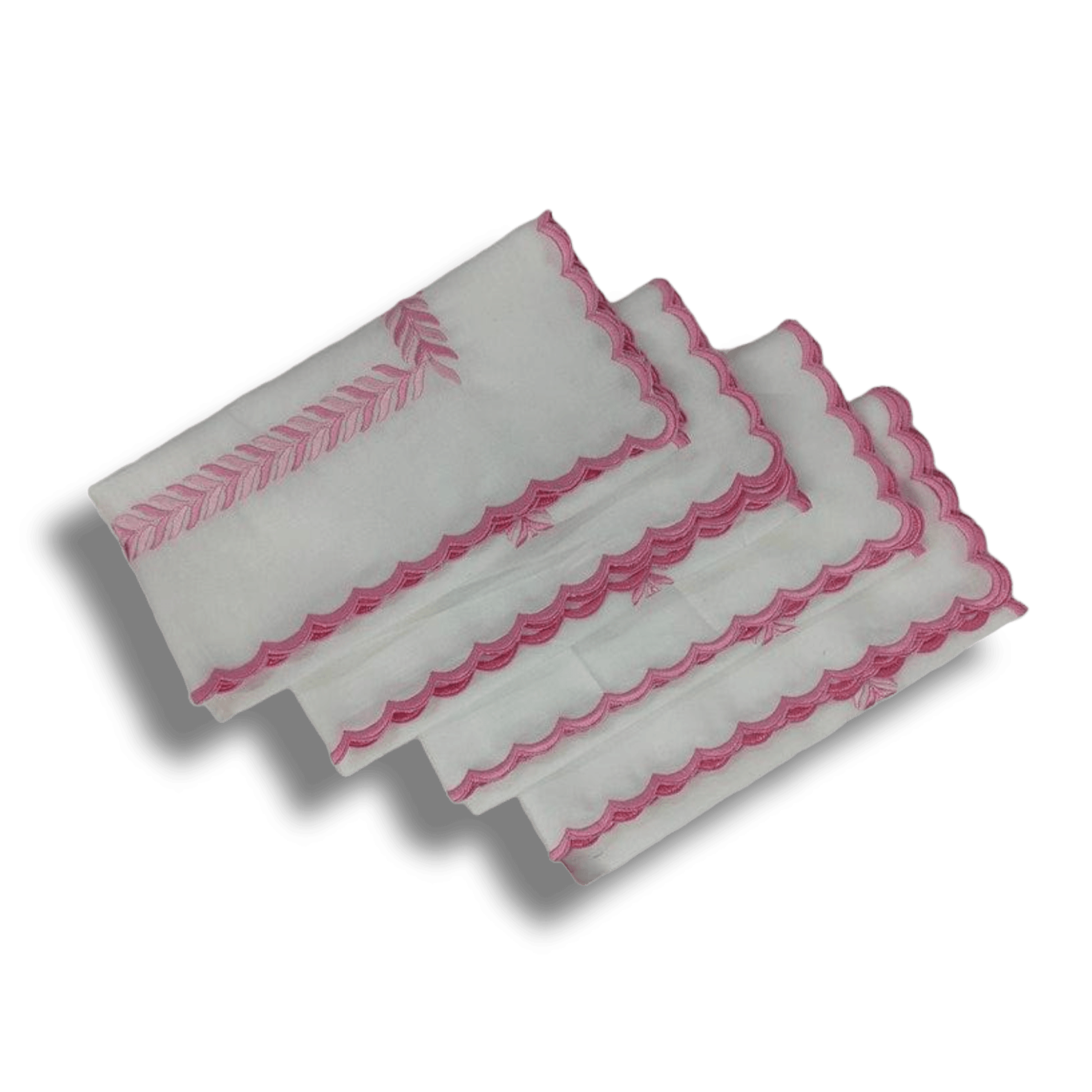 Embroidered Pink Fern White Cotton Scalloped Napkins