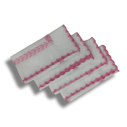 Embroidered Pink Fern White Cotton Scalloped Napkins - MAIA HOMES