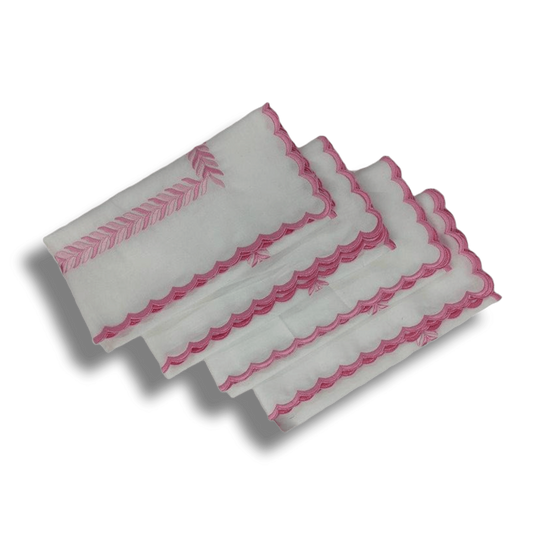 Embroidered Pink Fern White Cotton Scalloped Napkins