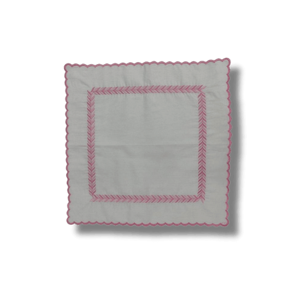 Embroidered Pink Fern White Cotton Scalloped Napkins Pink Trim