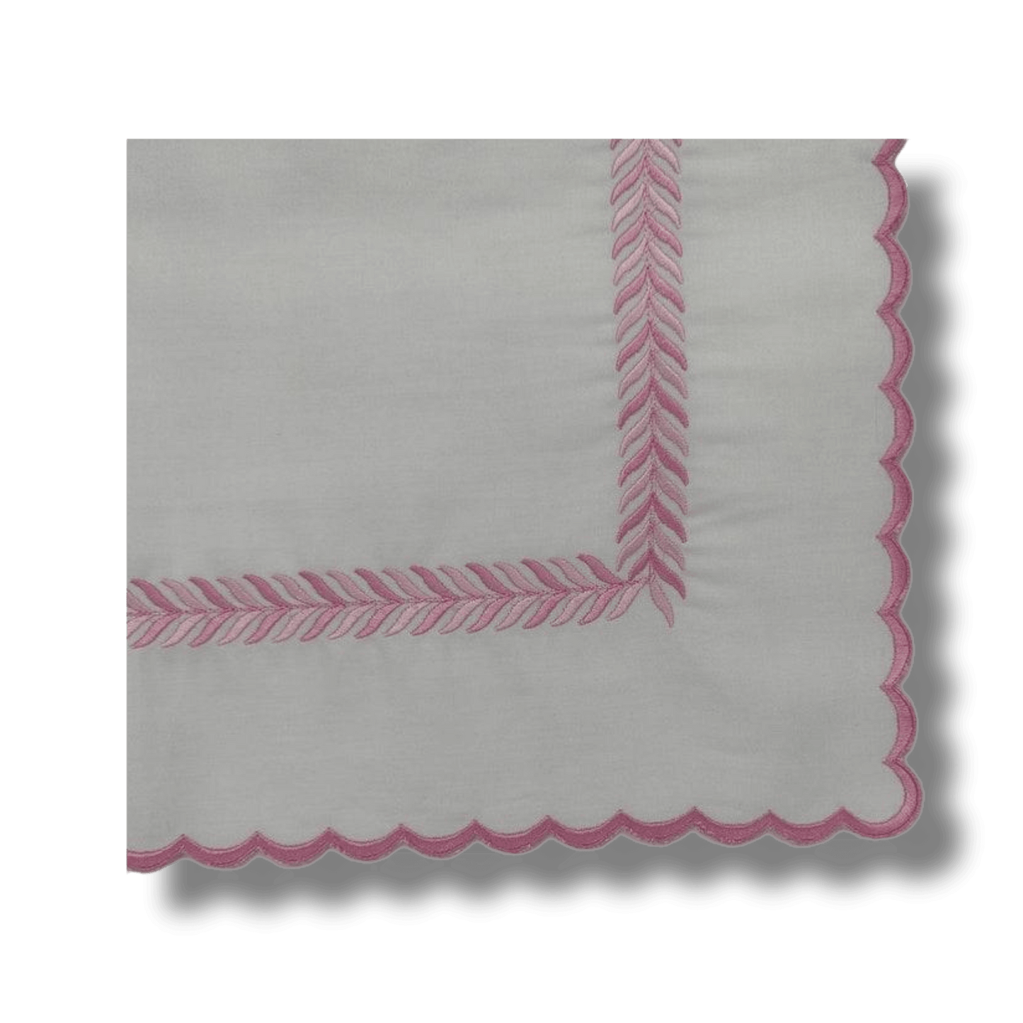 Embroidered Pink Fern White Cotton Scalloped Napkins