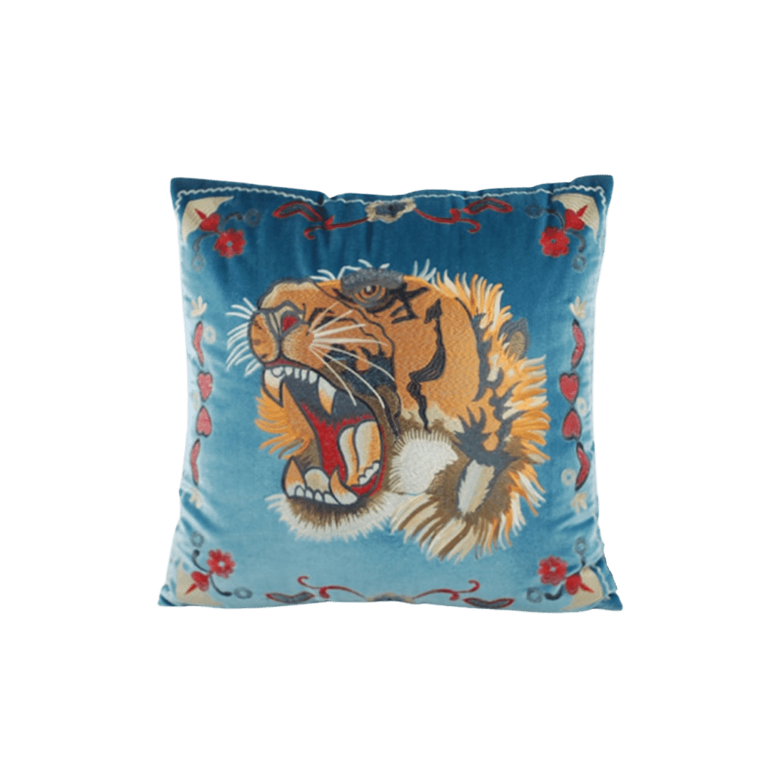Embroidered Screaming Tiger Decorative Throw Pillow Cover - Blue - MAIA HOMES