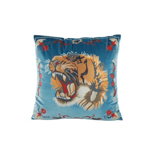 Embroidered Screaming Tiger Decorative Throw Pillow Cover - Blue - MAIA HOMES