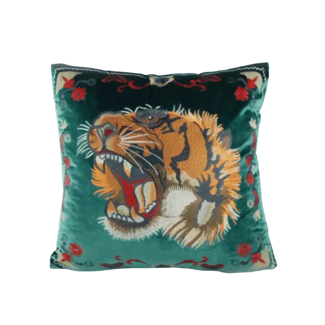 Embroidered Screaming Tiger Decorative Throw Pillow Cover - Green Default Title