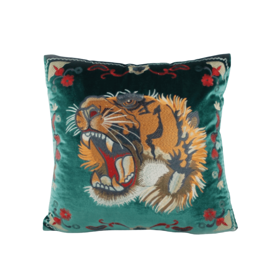 Embroidered Screaming Tiger Decorative Throw Pillow Cover - Green - MAIA HOMES