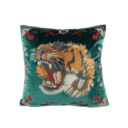 Embroidered Screaming Tiger Decorative Throw Pillow Cover - Green - MAIA HOMES