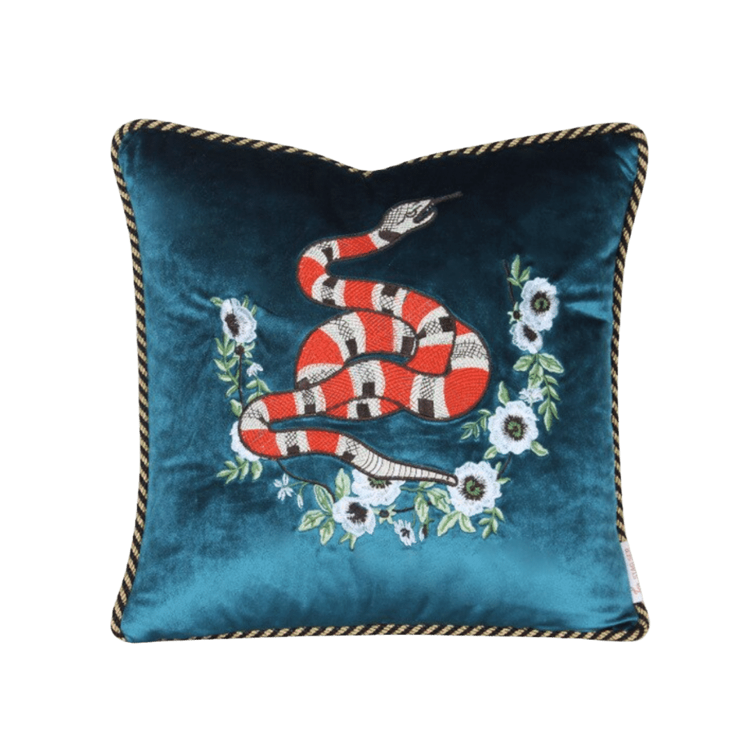Embroidered Snake Velvet Accent Throw Pillow Cover - Blue - MAIA HOMES