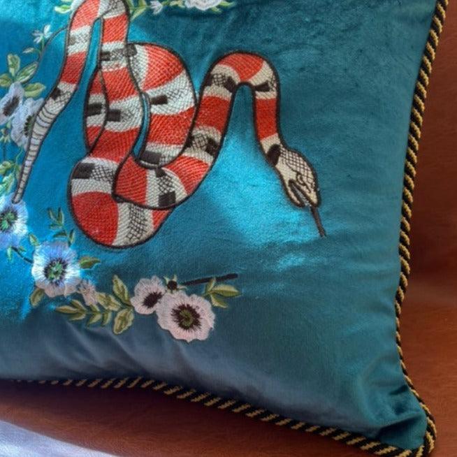 Embroidered Snake Velvet Accent Throw Pillow Cover - Blue