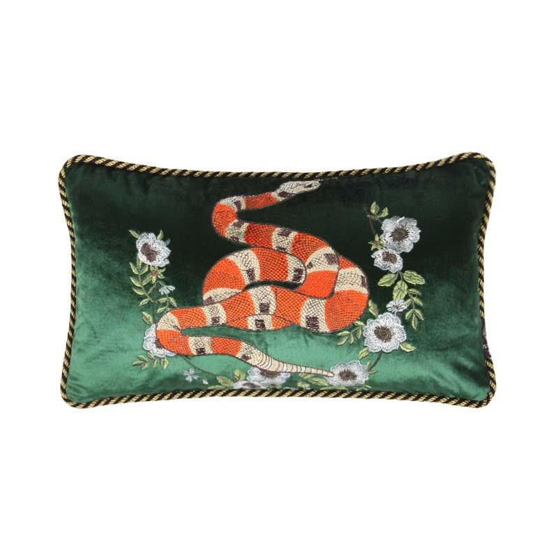 Embroidered Snake Velvet Accent Throw Pillow Cover - Dark Green