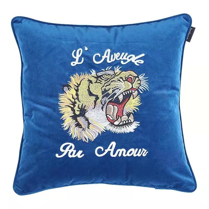 Embroidered Tiger and Flowers Throw Pillow Cover Navy Tiger