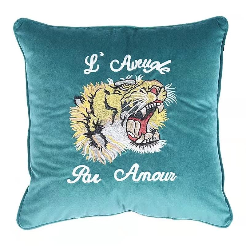 Embroidered Tiger and Flowers Throw Pillow Cover Blue Tiger