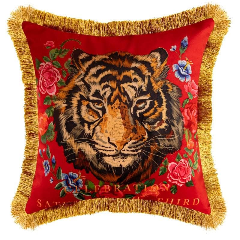 Embroidered Tiger Head Throw Pillow Covers with Fringes Red