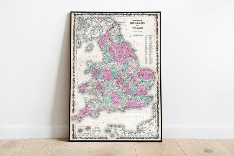 England Map Wall Print| 1962 Wales Map