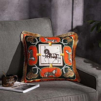 European Horse Luxury Fringed Velvet Double-sided Print Throw Pillow Cover - MAIA HOMES